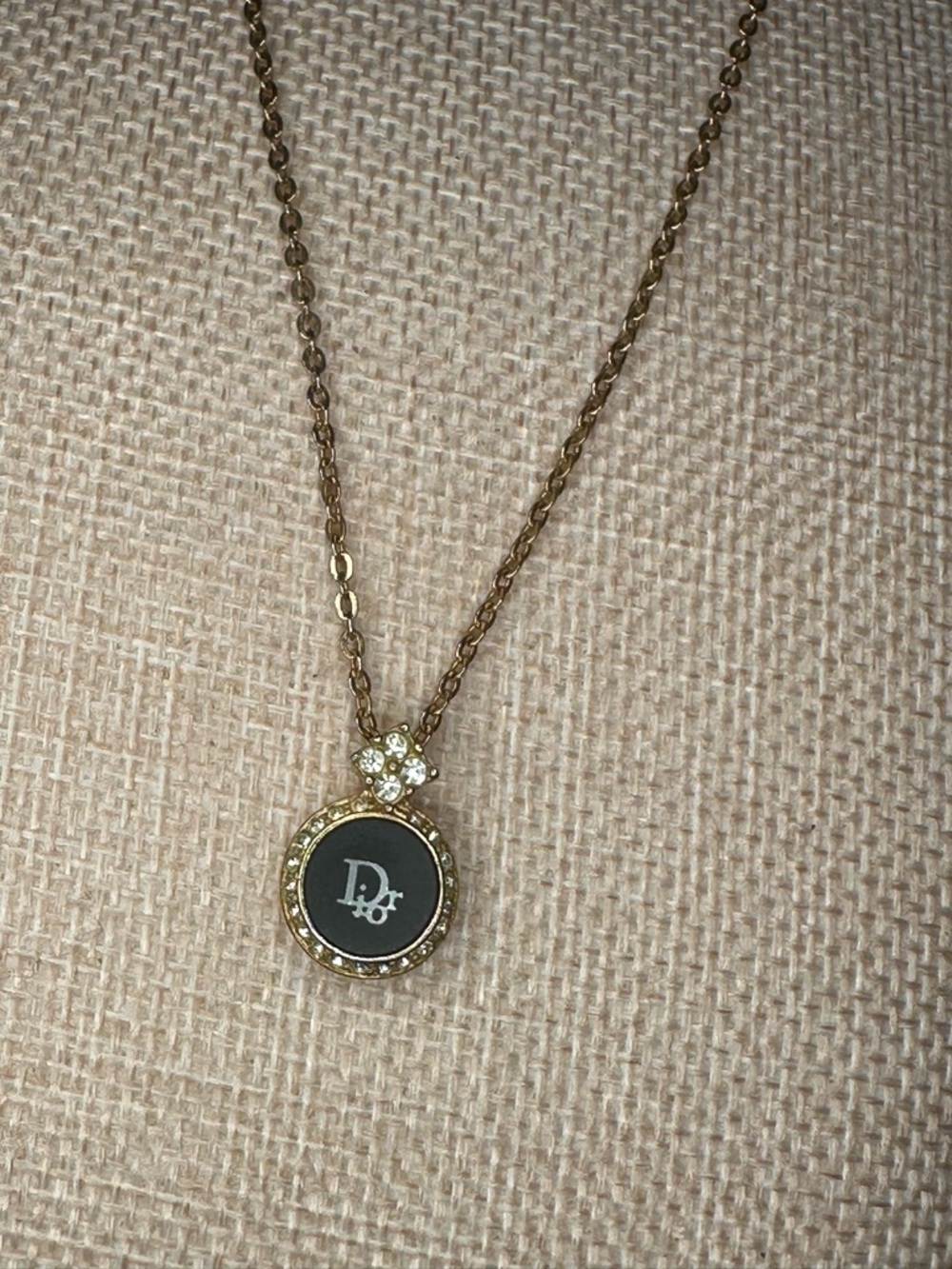 Christian Dior CD Logo Necklace Black Enamel Crystal Halo Gold Plated Vintage - Picture 6 of 11